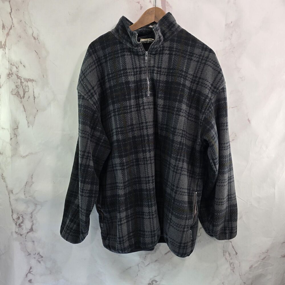 Fleece Vintage Pullover Mens Large Gray Quarter Zip 90s Jacket Sweater Plaid